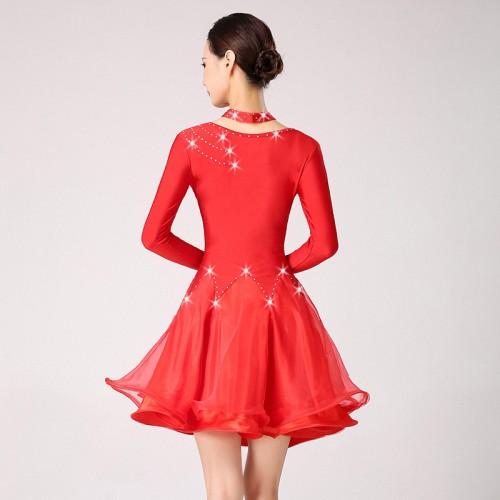 Women'rs red colored rhinestones latin dance dress salsa rumba chacha dance dress